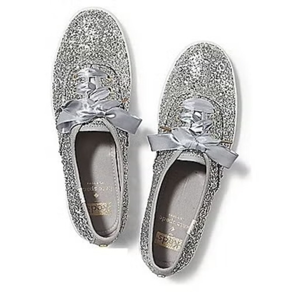 Kate Spade x Keds Champion Silver Glitter Ribbon Sneakers WF52390 Womens 8.5